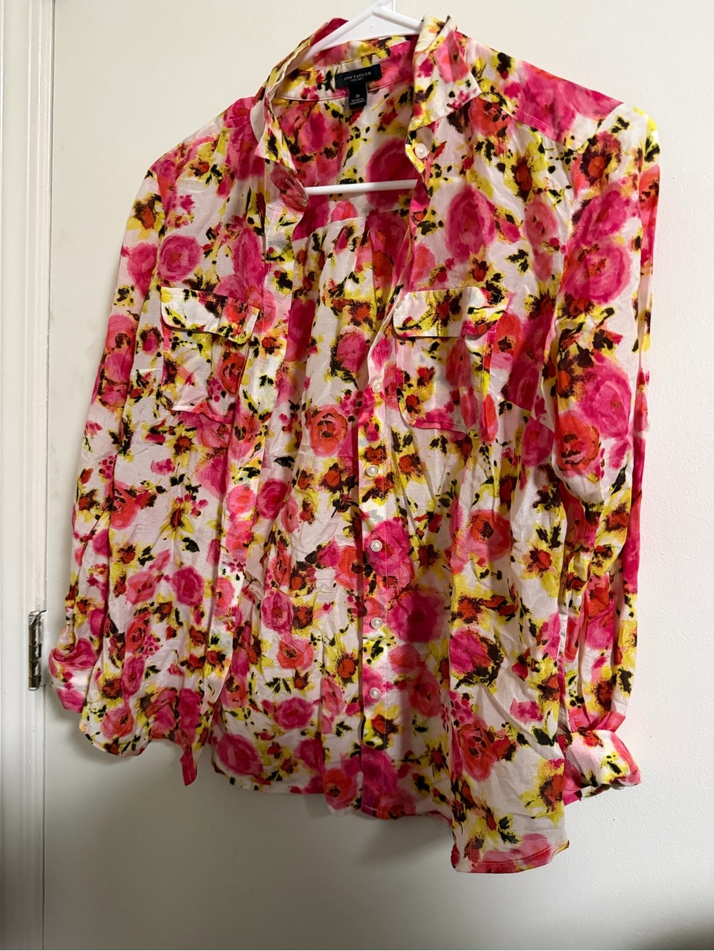 Ann Taylor Floral Button-Up Blouse in Pink and Yellow